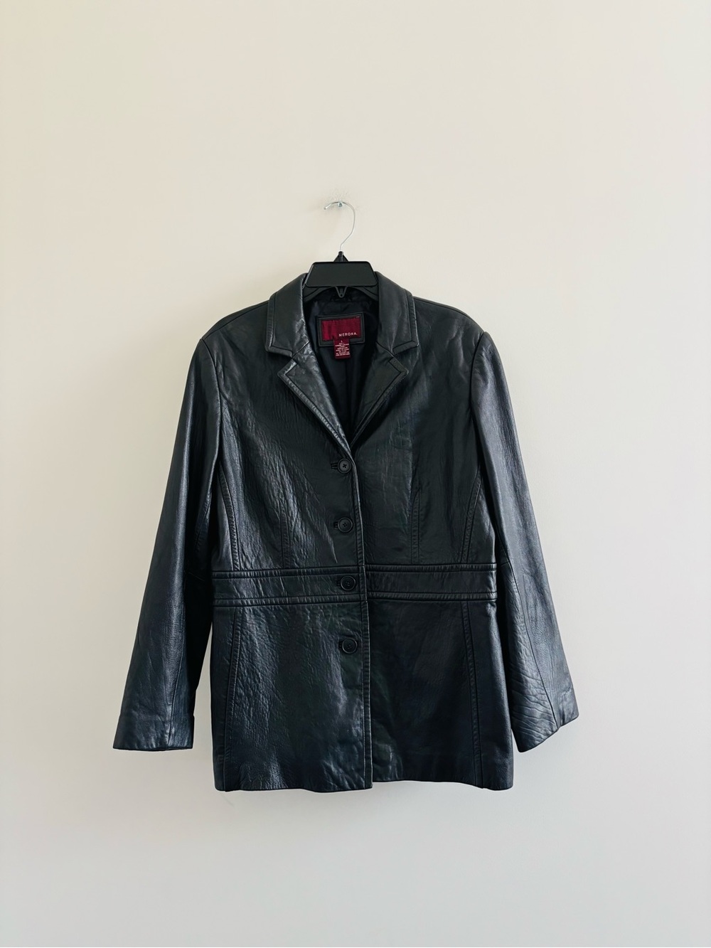 Vintage Merona Leather Jacket Black Lined Womens L Minimalist 90s Classic